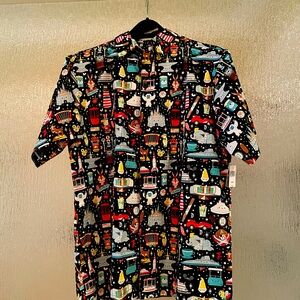 NWT Men’s Disney Parks camp shirt with  Disney ride and character pattern.